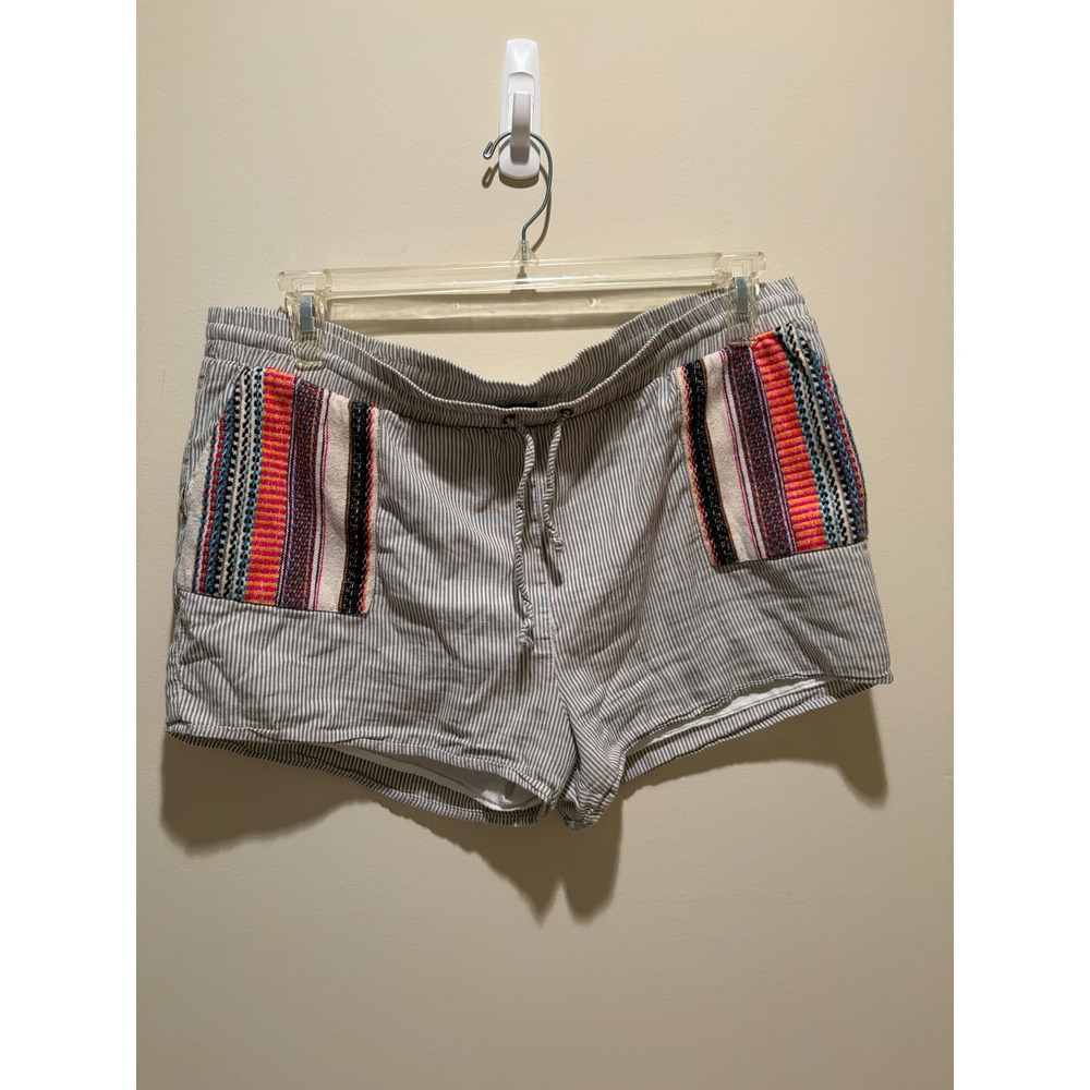 Francesca's Boho Ticking Stripe Cotton Shorts Grey White Multi Color Large